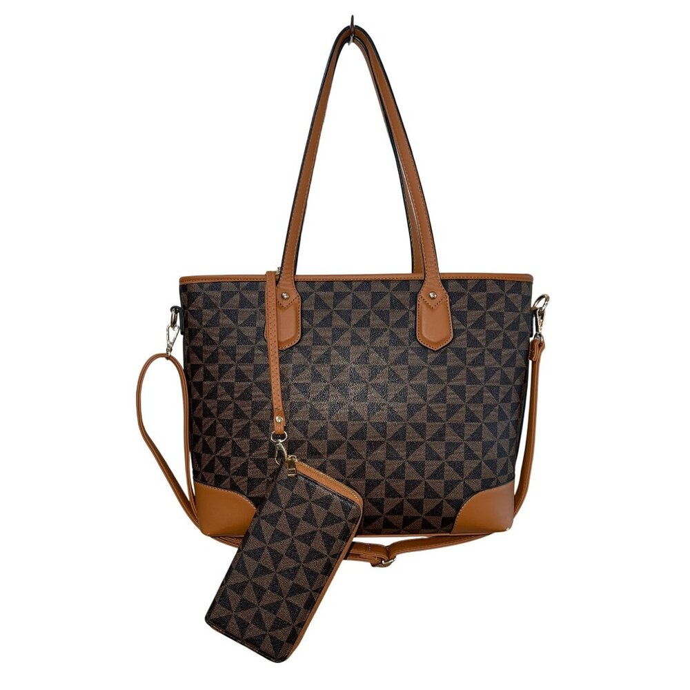 Women’s Tote Bag & Zip Wallet Set Brown Geometric Print Designer Inspired